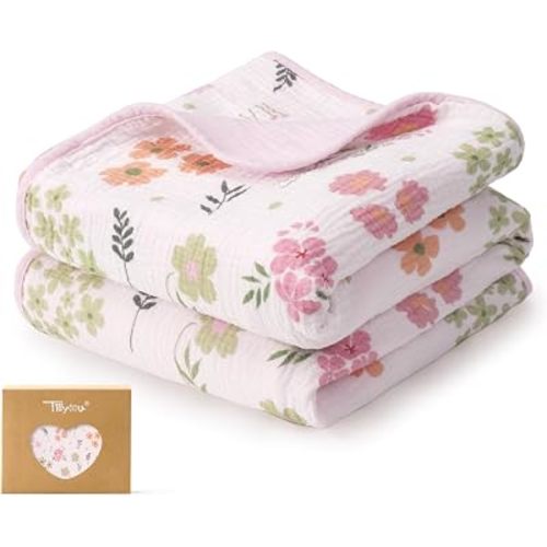 TILLYOU Muslin Baby Blankets for Girls Boys, Cotton Baby Blankets, Soft Breathable and Lightweight 40"X40", Ditsy Dream