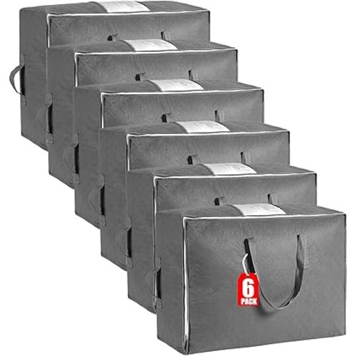 105L Extra Large Storage Bags for Blankets, King Comforters, Bedding, Clothes, Pillows, Sheets - Closet Organizers and Storage with 4 Handles & Clear Window, Foldable & Breathable (Grey, 6pack)