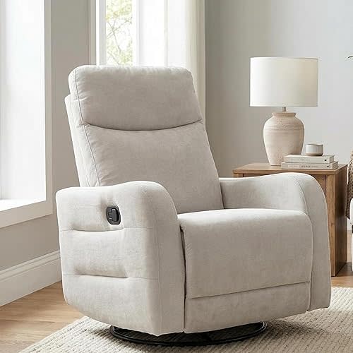 360° Swivel Glider Rocker Recliner Chair, Manual Reclining Sofa Chair with Side Pull Handle,Fabric Upholstered Lounge Chair for Living Room, Bedroom,Nursery,Office (Beige-Swivel)