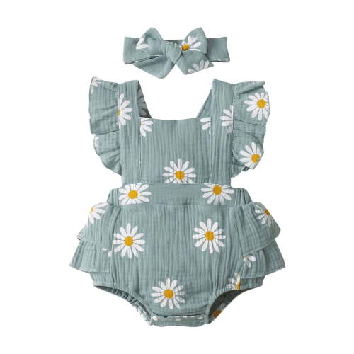MHZLDYZ New Born Clothes Baby Girl Newborn Baby Girl Clothes Daisy Print Crepe Fabric Baby Romper Set Infant Girl Outfits 2Pc Set Baby Onesie Baby Girl Onesies Baby Girl Onesies(Green,0-3M)