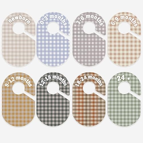 Baby Closet Divider, Baby Wardrobe Organizer, Double-Sided Pastel Gingham Design, Nursery Decor Clothes Hanger Dividers for Sorting 8 Sizes from Newborn to 12+ Months