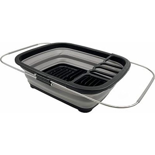 SAMMART 8L (2.11Gallons) Expandable Collapsible Plastic Dish Drainer - Foldable Drying Rack - Portable Dinnerware Organizer - Space Saving Kitchen Utensil Storage Tray (Black/Alloy Grey)
