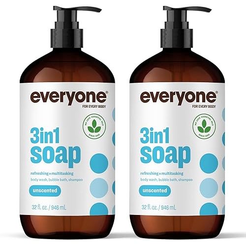 Everyone 3-in-1 Soap Body Wash Shampoo Bubble Bath Unscented 32oz 2pk | Unscented | for everyday use | shampoo + body wash + bubble bath | men & women | 2-pack | 64oz total