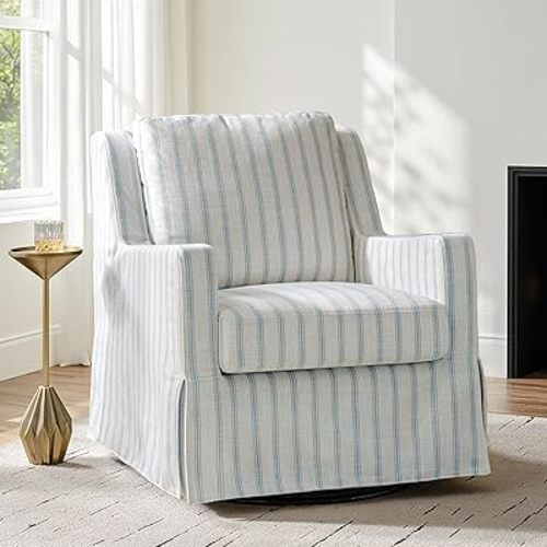 HULALA HOME Swivel Rocker Chair, Farmhouse Swivel Rocking Accent Chair with Washable Slipcover, Striped Fabric Barrel Armchair with Down Filled Cushions, Blue