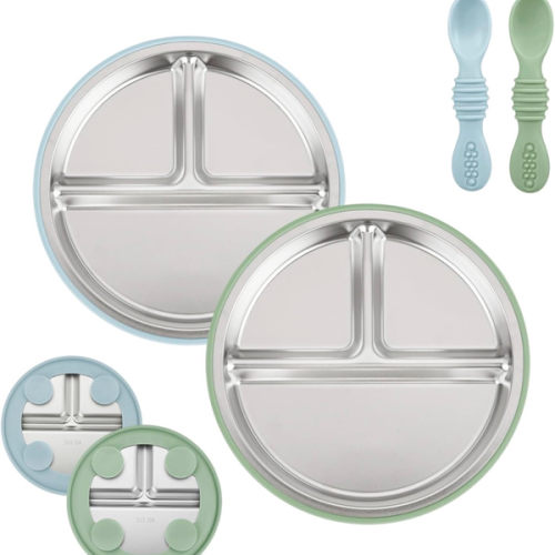 Amazon.com: PandaEar 2 Pack Stainless Steel Baby Suction Plates with 2 Pack Spoons | Toddler Utensils Baby Feeding Set, 18/8 Stainless Steel Divided Plates for Baby Led Weaning Supplies, BPA-Free, Blue/Green : Baby