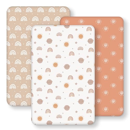 Baby Bedside Bassinet Sheets Fitted, 33”x20” Compatible with Baby Delight Dream On Me & Most Rectangle Bedside Sleeper Bassinet Mattresses, Super Soft Microfiber Orange Sun Rainbow