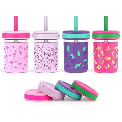 Sursip Toddler Glass Cups with Straw, Spill-Proof Kids Mason Jar Food Storage with Lids, Sippy Cups for Drinks, Smoothies, Snacks, Milk Cup [4 Pack] 8 oz 2-in-1