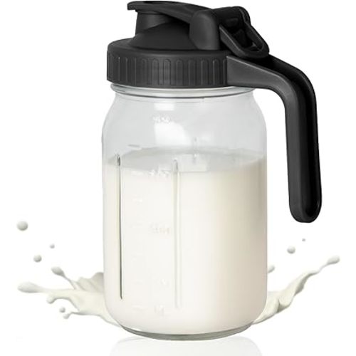 32oz Breast Milk Pitcher, 1 Quart Glass Mason Jar with Flip Top Lid and Spout, Airtight Breast Milk Storage Container, Leakproof Creamer Container Keeps Milk Fresh, Black