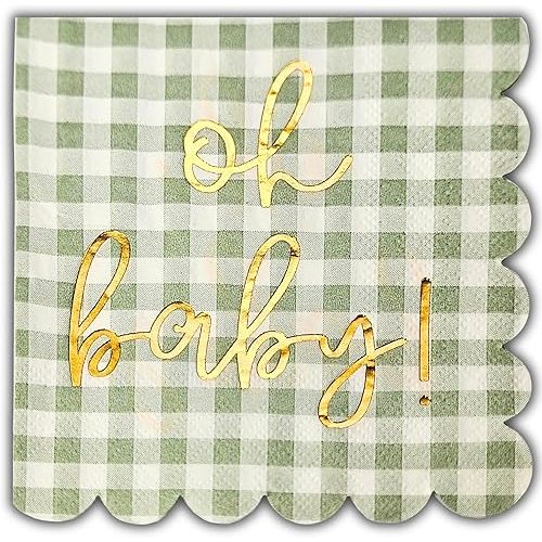 'Oh Baby' Baby Shower Decorations, 50 Pack, Gold Oh Baby Napkins in Plaid Sage Green Pattern, Scalloped Edges, Sage Green Baby Shower Napkins, Neutral Gender Reveal Decorations