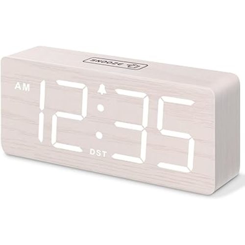 DreamSky Wooden Digital Alarm Clock for Bedroom - Desk Clock for Living Room with Large Numbers, Dimmer, Loud Alarm for Heavy Sleepers with Volume Control, DST, Office Wood Decor (Plug in Clock)