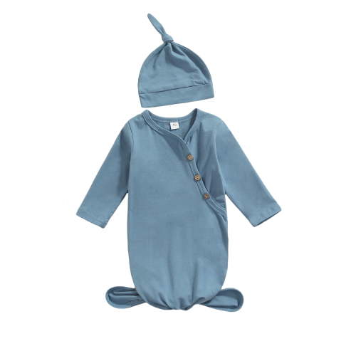 Canrulo Newborn Baby Girl Boy Knitted Romper Knotted Gowns Long Sleeve Solid Color Sleeping Bag With Hat Set Blue 0-3 Months