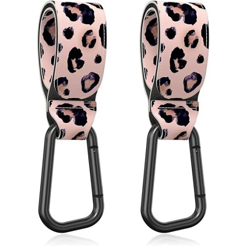 Baby Stroller Hooks for Hanging Bags, Universal Stroller Clips Accessories, Mommy Hook for Diaper Bag, Shopping Cart, Purse, Backpack - 2 Pack, Leopard Spots