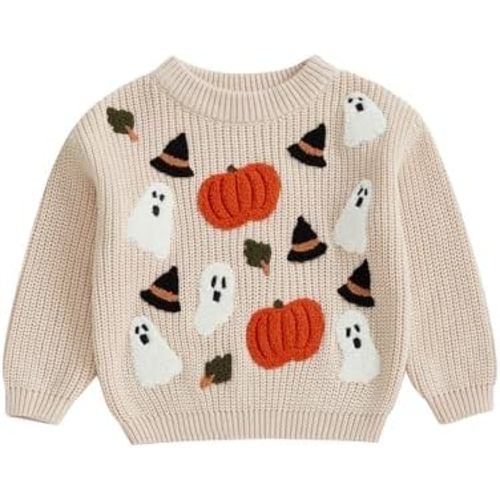 Baby Boy Girl Halloween Sweater Pumpkin Ghost Embroidery Long Sleeve Chunky Knit Tops Newborn Fall Winter Clothes
