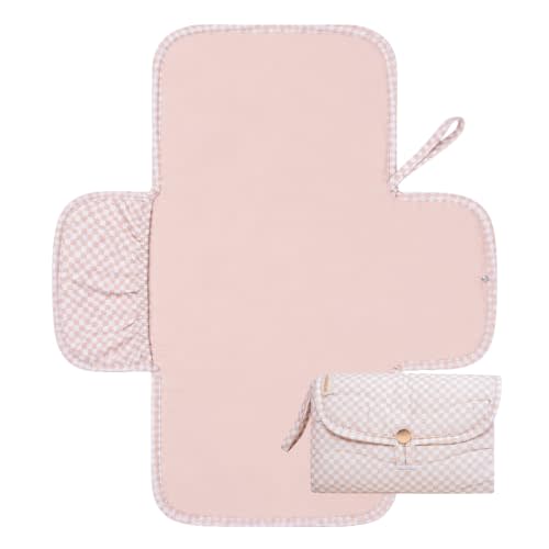 Toddlekind Mini Maven Portable Changing Pad Travel Diaper Clutch | Organic Cotton, Water-Resistant, Foldable Design, Built-In Pocket, Compact For Travel & On-The-Go Changes (Check, Powder)