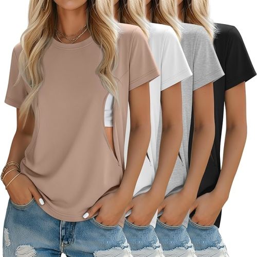 4 Pack Women's Nursing Breastfeeding Shirts with Zipper Loose Fit Short Sleeve Maternity Top Nursing Clothes