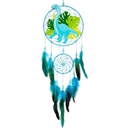 Basumee Dream Catcher for Kids Feather Dream Catchers Handmade Home Decor Wall Hanging with Double Ring for Nursery Bedroom Boys Room, Light Blue Dinosaur