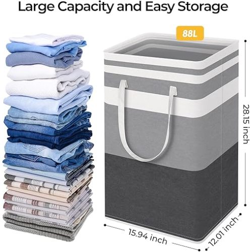 HomeHacks 2-Pack Large Laundry Basket, Waterproof, Freestanding Laundry Hamper, Collapsible Tall Clothes Hamper with Extended Handles for Clothes Toys in the Dorm and Family Gradient Grey, 88L