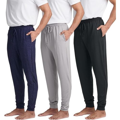 Real Essentials 3 Pack: Men's Soft Lounge Sleep Joggers - Pajama Pants Drawstring & Pockets (Available in Big & Tall)