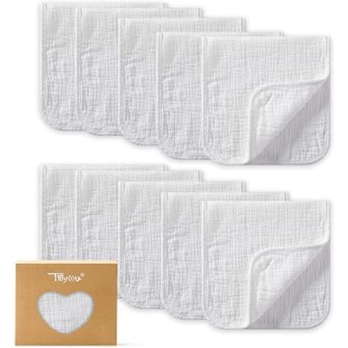 TILLYOU Muslin Burp Cloths Baby Boy Girl 20" x 10", 6-Layer Absorbent 100% Cotton Burping Cloths Large Soft, 10 Pack(White)