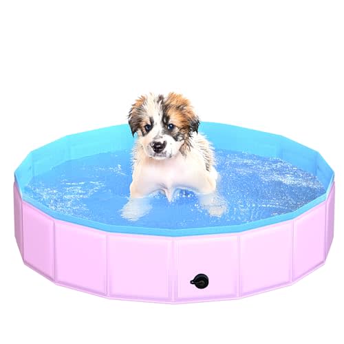 CACSPS 2025 Updated Foldable Dog Pool, 32" x 8" Kiddie Pool with Hard Plastic, Non-Slip Dog Bath Tub for Outdoor Backyard, Collapsible Dog Swimming Pool for Kids Dogs Pets (Pink)