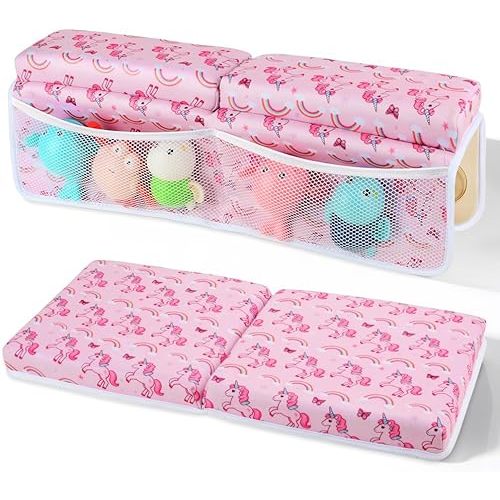 SKEFOLI Baby Bath Kneeler and Elbow Rest Pad Set,1.5" Thick Baby Bath Kneeler Pads with Toys Organizer, Pads to Support The Arm, Essentials, Ideal Kneeling Pad for Bathing(Pink)
