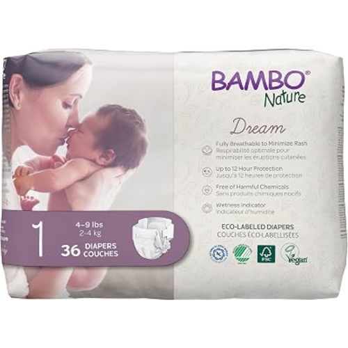 Bambo Nature Hypoallergenic Dream Baby Diapers, Eco-Labeled Sustainable Diapers, Enhanced Leakage Protection, Totally Chlorine-Free, Skin Friendly, and Super Absorbent - Size 1 (4-9lbs) - 36 Count