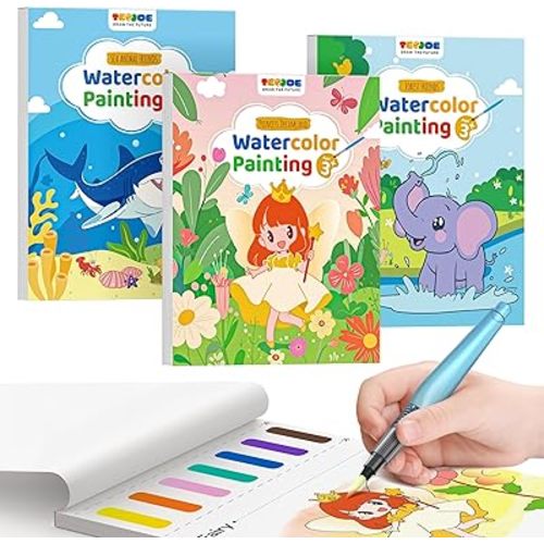 TECJOE 3 Pack Paint with Water Coloring Books for Toddlers, Watercolor Painting Set with 6 Brushes, Travel Activities for Kids Ages 1-3 4-8, Birthday Gifts Arts & Crafts Toy, Princess, Forest & Sea