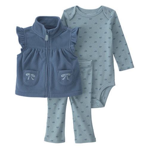 Baby Girls' Bows Fleece Layering Long-Sleeve Bodysuit, Vest and Pants, 3-Piece Set