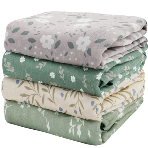 4 Set Muslin Swaddle Blankets for Newborn Baby Boys, Girls,Receiving Blankets-Cute Soft Print Baby Towel Wrap 120x110cm Baby