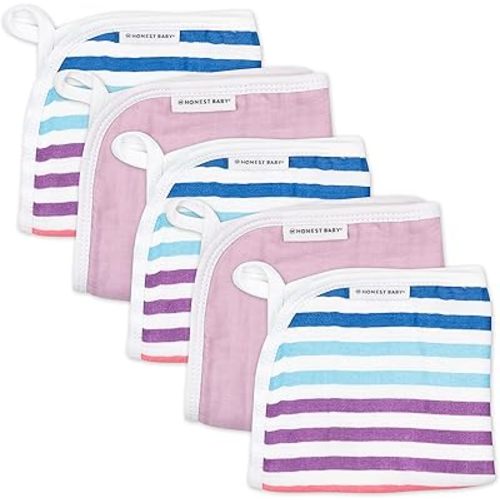 HonestBaby Organic Cotton Triple-Layer Woven Wash Cloths Multipack, Rainbow Stripe, One Size