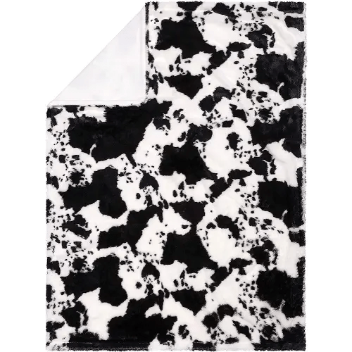 Cow Print Plush Baby Blanket-Cow Print Plush, White Back, Black, White, 30 in x 40 in
