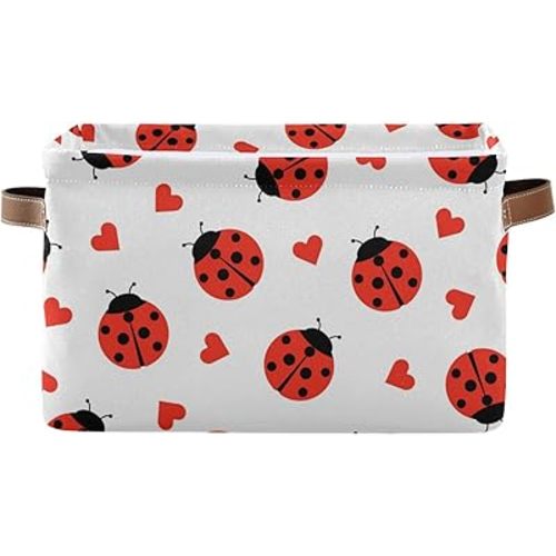 Aslsiy Toy Storage Basket Cute Ladybug and Hearts Nursery Bins Baby Toys Box Canvas Clothes Shelf Basket Laundry Hamper Gift Basket for Home Dorm Closet 1 Pcs