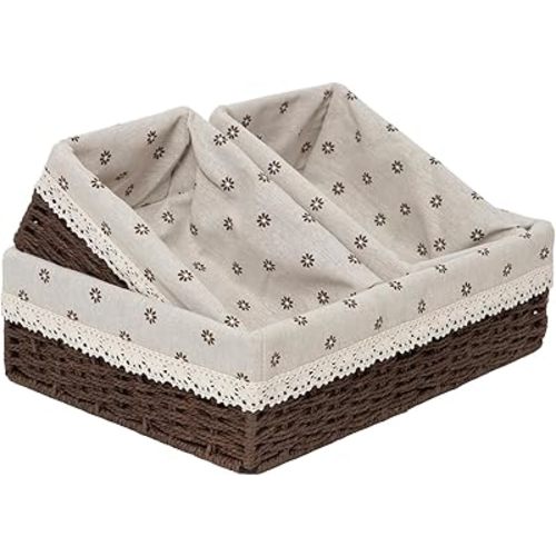 Woven Paper Rope Storage Basket Set with Handles & Liners,Set of 3- Cube Organizers Basket for Drawers, Shelves & Closets, Decorative Home Storage