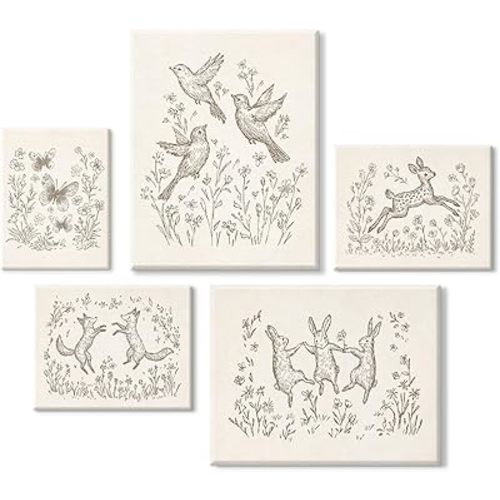 Nursery Woodland Animal Wall Art Baby Boy Canvas Wall Decor Vintage Forest Animal Art Prints Kids Room Poster Cottagecore Deer Fox Pictures Painting Neutral Artwork Bedroom 12x16x5 Inch Ready to Hang