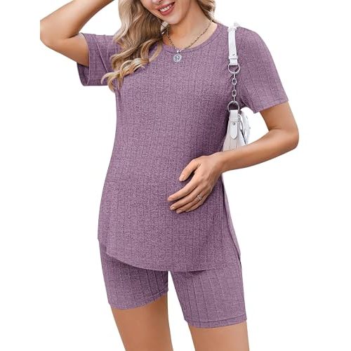 Ekouaer Maternity Sets 2 Piece Outfits Ribbed Knit Short Sleeve Shirts and Biker Shorts Pregnancy Loungewear Mama Clothes