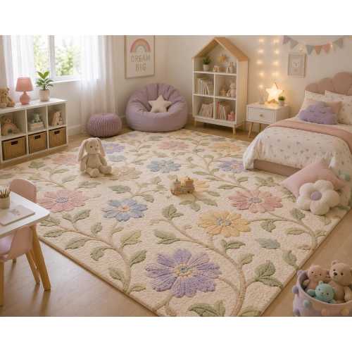 Hand-Tufted Wool Floral Rug – Botanical Garden Carpet, Pastel Cottagecore Style