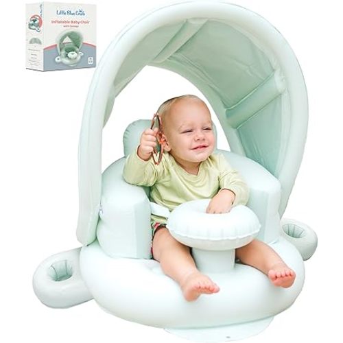 Blow Up Inflatable Baby Seat for 3-36 Months w/Built-in Pump & Detachable Canopy, Sit Me Up Floor Seat for Baby w/Safety Straps, Inflatable Infant Chair (Canopy + Cup Holders) is Ideal Winter Gift