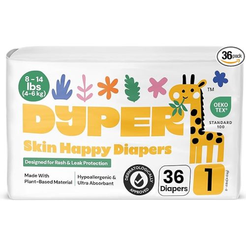 DYPER - Baby Diapers Size 1 (36 Count) - Plant Based Disposable Diapers for Day and Overnight Premium Leak Protection, Skin-Friendly Comfort with Soft Size 1 Diapers (8-14 lbs)