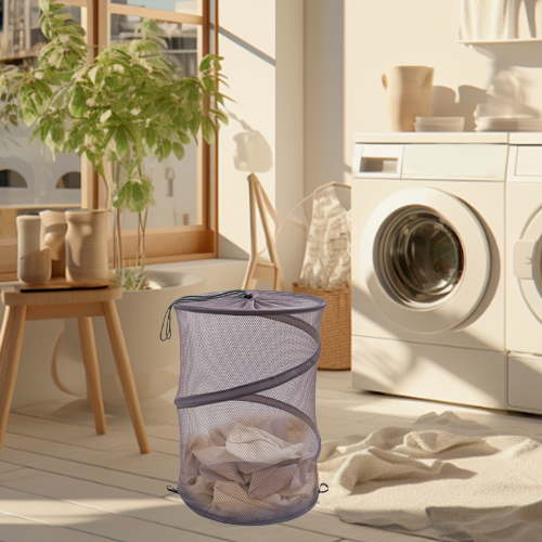 Mesh Popup Laundry Hamper Basket | Foldable Laundry Organizer with Drawstring Top | Sturdy Polyester Mesh | Portable, Space-Saving for Home, Travel | Gray or White | 13.39x13.39x18.11 or