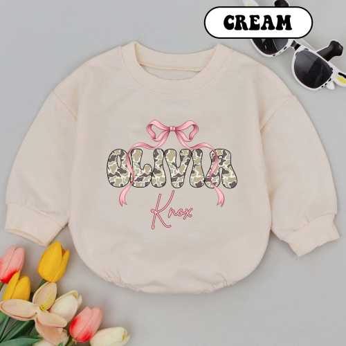 Custom Camo Name Girl Baby Romper, Personalized Bow Hunting Baby Outfits, Baby Shower Gift