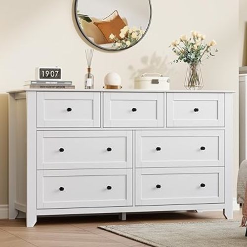 IDEALHOUSE White 7 Drawer Dresser for Bedroom, 54" Wide Large Dresser with Deep Drawers & Metal Knobs, Modern Wooden Chests of Drawers for Entryway, Hallway
