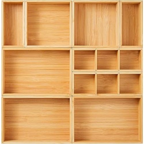 Fabsome Drawer Organizer, Set of 9 Bamboo Wood Kitchen Makeup Desk Junk Tea Drawer Storage Boxes Bins for Cutlery Silverware Utensils Flatware, Small Wooden Container Tray for Bathroom, Office