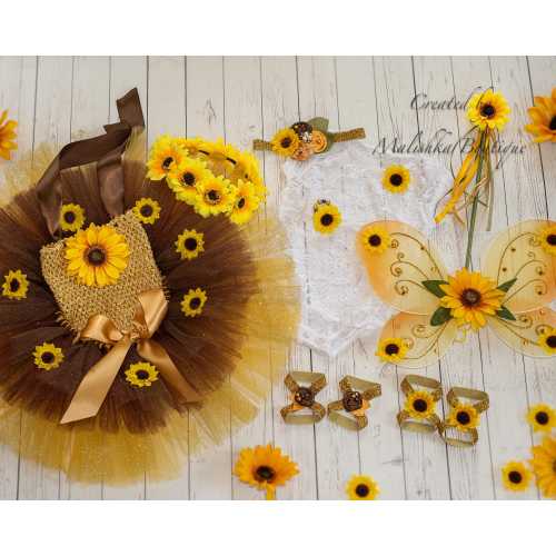 Sunflower Tutu Outfit, Garden Fairy butterfly wings, wand, hair crown, fabric flower headband, barefoot sandals, pearl bracelet diaper cover