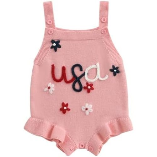 Baby Girl 4th of July Outfit Newborn USA Embroidery Sleeveless Romper Knit Ruffle Sweater Bodysuit Patriotic Clothes