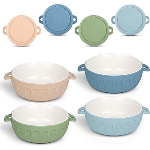 iNeibo 4 Packs Porcelain Baby Bowls with Silicone Sleeve for Toddler Feeding, BPA-Free, Non Slip, Microwave & Dishwasher Safe (Suction cup, Linen+Navy+Blue+Green)