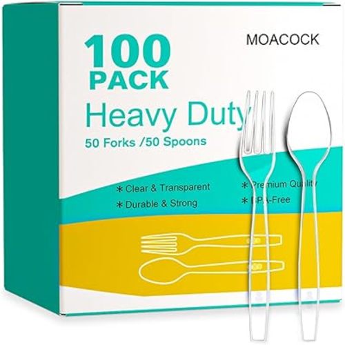 100 Count Plastic Silverware, Heavy Weight Plastic Forks Spoons Disposable Utensils Cutlery Set for Wedding Party Supplies Everyday Use