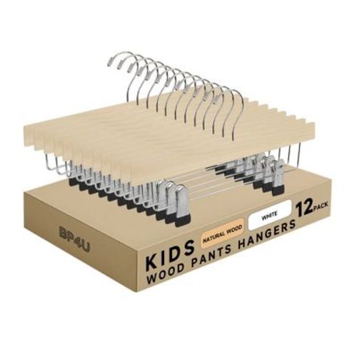 BP4U 12-Pack Kids 12" Wooden Hangers, Maple Toddler & Baby Clothes Hangers with Adjustable Silent Clips and No-Mark Sleeves - Natural Wood