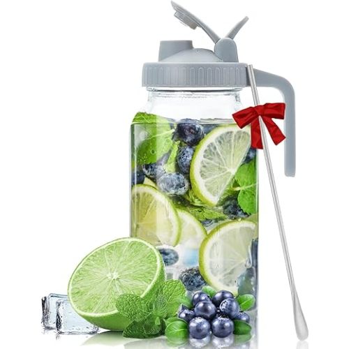 Mason Jar Pour Spout Lid - 64oz Airtight Glass Pitcher with Lid Food Grade and Safe, 2 Quart Sturdy Wide Mouth Sun Tea Jar also Nice for Breastmilk, Cold Brew Coffee, Iced Tea, Fruit Tea