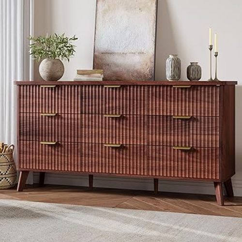 GarveeHome Fluted Dresser for Bedroom with 9 Deep Drawers, 60.6 in Wide Modern Chest of Drawers, Wooden Dresser TV Stand, Curved Profile Design, for Living Room, Kids Room, Hallway, Walnut