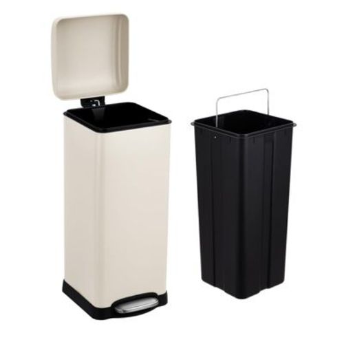 8 Gallon Stainless Steel Step Trash Can - Slim Kitchen Garbage Bin with Soft-Close Lid,Fingerprint-Proof & Removable Bucket,Beige